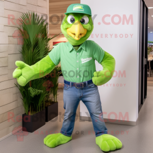 Lime Green Bald Eagle mascot costume character dressed with a Boyfriend Jeans and Beanies