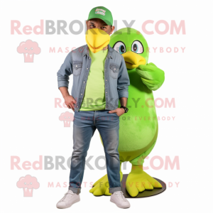 Lime Green Bald Eagle mascot costume character dressed with a Boyfriend Jeans and Beanies