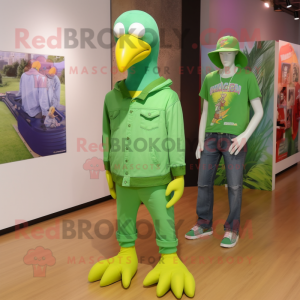 Lime Green Bald Eagle mascot costume character dressed with a Boyfriend Jeans and Beanies
