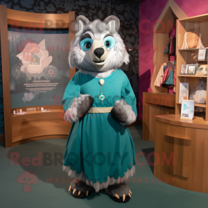 Teal Say Wolf mascot costume character dressed with a Empire Waist Dress and Headbands