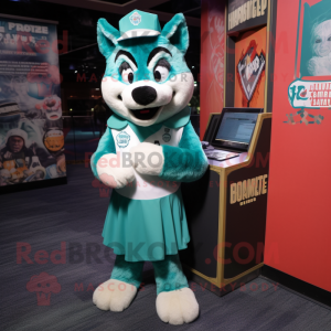 Teal Say Wolf mascot costume character dressed with a Empire Waist Dress and Headbands