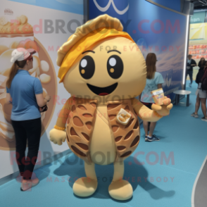 Tan Croissant mascot costume character dressed with a One-Piece Swimsuit and Coin purses