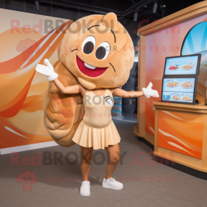 Tan Croissant mascot costume character dressed with a One-Piece Swimsuit and Coin purses