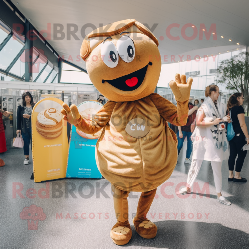 Tan Croissant mascot costume character dressed with a One-Piece Swimsuit and Coin purses