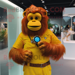 Yellow Orangutan mascot costume character dressed with a Skirt and Smartwatches