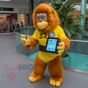 Yellow Orangutan mascot costume character dressed with a Skirt and Smartwatches