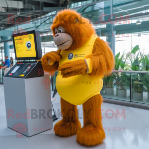 Yellow Orangutan mascot costume character dressed with a Skirt and Smartwatches