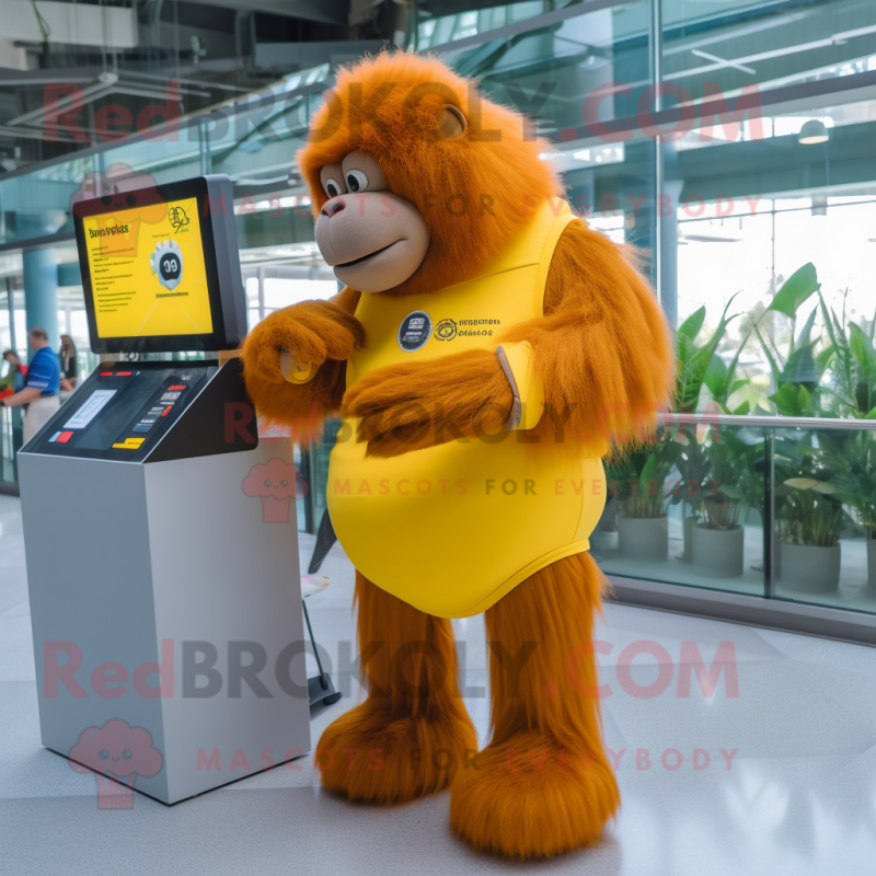 Yellow Orangutan mascot costume character dressed with a Skirt and Smartwatches Yellow Orangutan mascot costume character dressed with a Skirt and Smartwatches