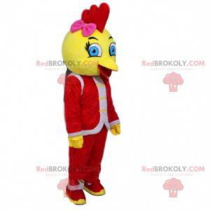 Yellow bird mascot dressed in red, canary costume -