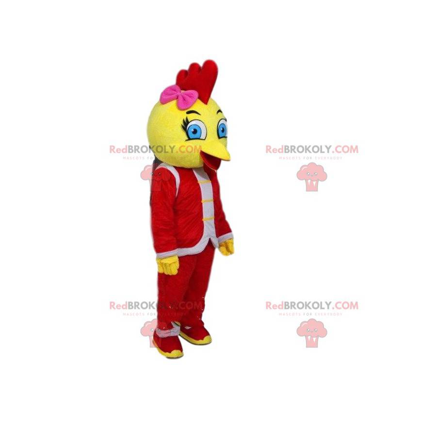 Yellow bird mascot dressed in red, canary costume -