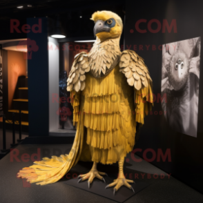 Gold Vulture mascot costume character dressed with a Empire Waist Dress and Shawl pins
