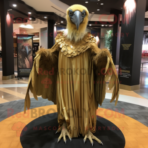 Gold Vulture mascot costume character dressed with a Empire Waist Dress and Shawl pins