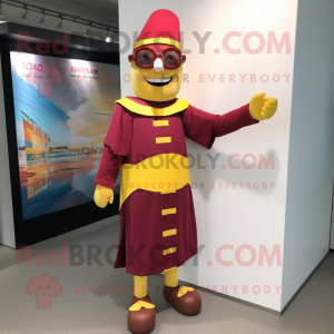 Maroon Swiss Guard mascot costume character dressed with a Sheath Dress and Eyeglasses