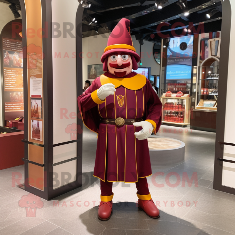 Maroon Swiss Guard mascot costume character dressed with a Sheath Dress and Eyeglasses Maroon Swiss Guard mascot costume character dressed with a Sheath Dress and Eyeglasses
