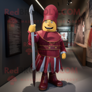 Maroon Swiss Guard mascot costume character dressed with a Sheath Dress and Eyeglasses