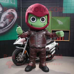 Maroon Green Bean mascot costume character dressed with a Biker Jacket and Rings
