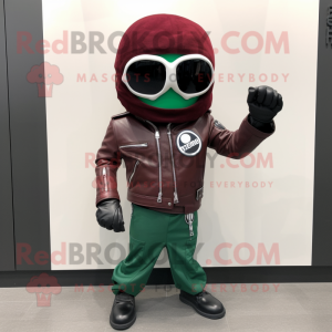 Maroon Green Bean mascot costume character dressed with a Biker Jacket and Rings