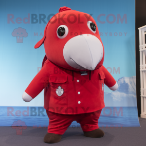 Red Narwhal mascot costume character dressed with a Cargo Shorts and Tie pins