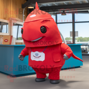 Red Narwhal mascot costume character dressed with a Cargo Shorts and Tie pins