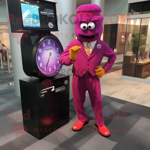Magenta Wrist Watch mascot costume character dressed with a Suit Pants and Foot pads