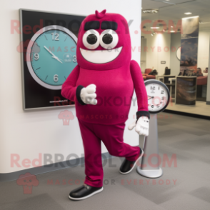 Magenta Wrist Watch mascot costume character dressed with a Suit Pants and Foot pads