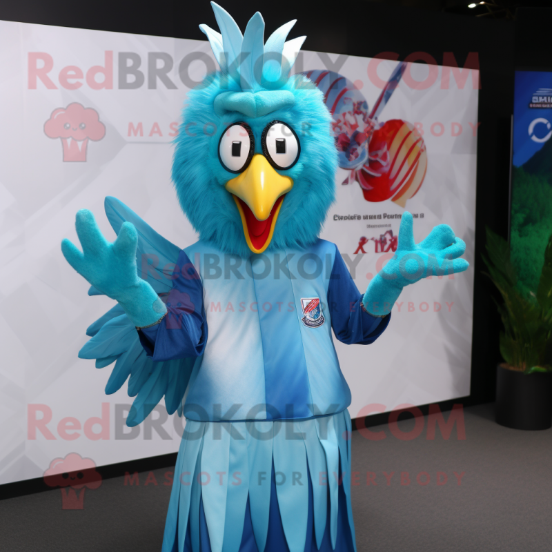 Cyan Roosters mascot costume character dressed with a Cover-up and Rings