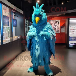 Cyan Roosters mascot costume character dressed with a Cover-up and Rings