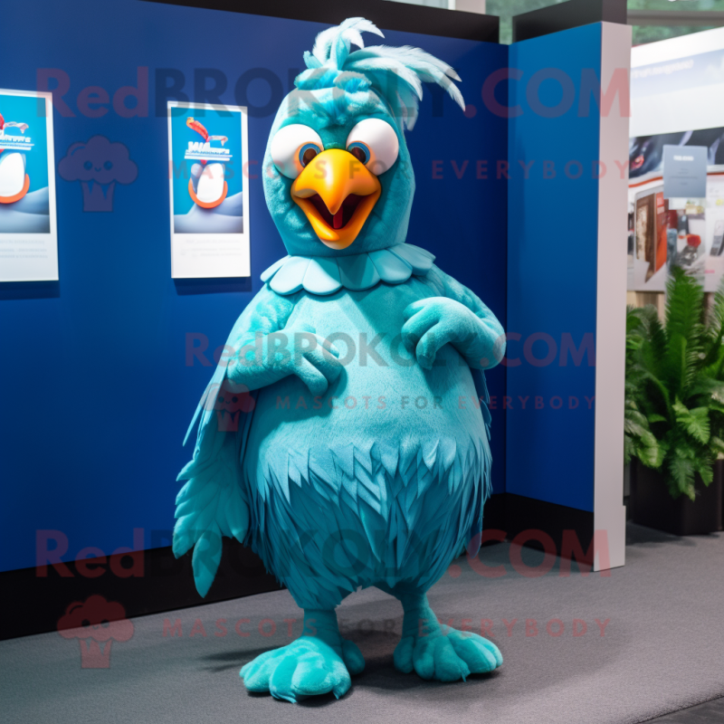 Cyan Roosters mascot costume character dressed with a Cover-up and Rings