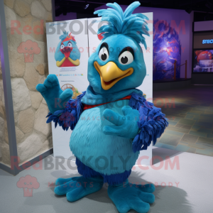 Cyan Roosters mascot costume character dressed with a Cover-up and Rings