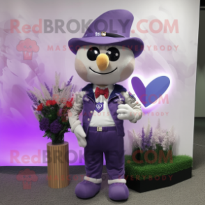 Lavender Arrow Of Love mascot costume character dressed with a Jacket and Belts