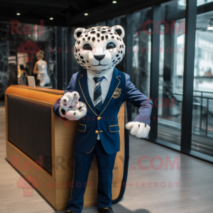 Navy Cheetah mascot costume character dressed with a Suit Jacket and Clutch bags