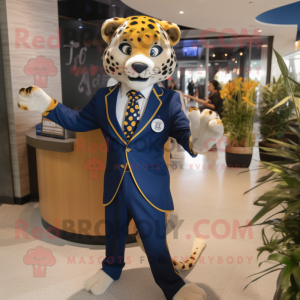 Navy Cheetah mascot costume character dressed with a Suit Jacket and Clutch bags