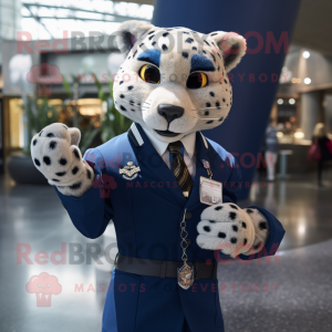 Navy Cheetah mascot costume character dressed with a Suit Jacket and Clutch bags
