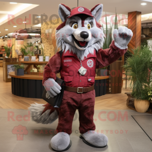 Maroon Say Wolf mascot costume character dressed with a Flare Jeans and Wallets