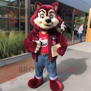 Maroon Say Wolf mascot costume character dressed with a Flare Jeans and Wallets