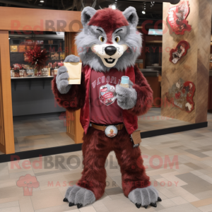 Maroon Say Wolf mascot costume character dressed with a Flare Jeans and Wallets