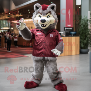 Maroon Say Wolf mascot costume character dressed with a Flare Jeans and Wallets