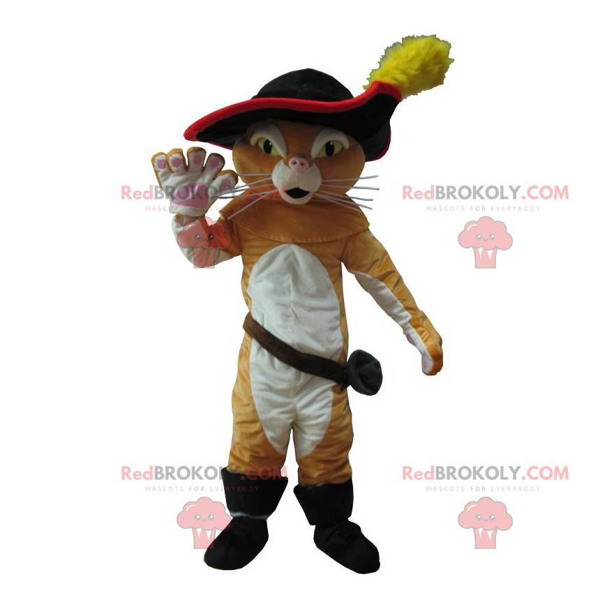 Mascote de gato com botas, gato astuto famoso, fantasia de