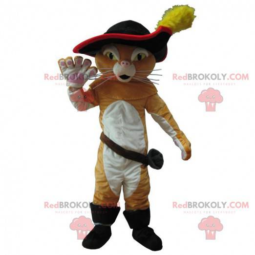 Puss in boots mascotte, beroemde sluwe kat, ridderkostuum -