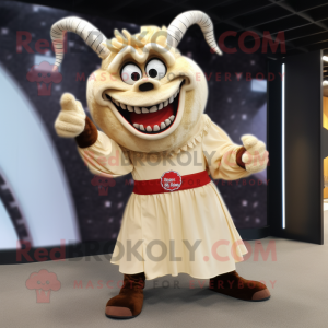 Cream Devil mascot costume character dressed with a Shift Dress and Belts
