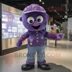 Purple But mascot costume character dressed with a Button-Up Shirt and Brooches