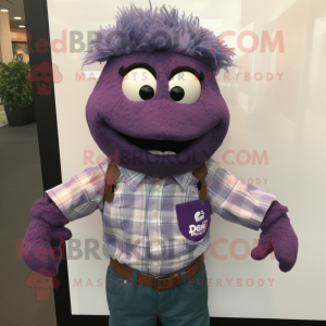 Purple But mascot costume character dressed with a Button-Up Shirt and Brooches
