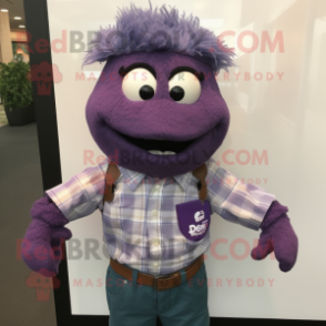 Purple But mascot costume character dressed with a Button-Up Shirt and Brooches