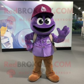 Purple But mascot costume character dressed with a Button-Up Shirt and Brooches