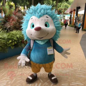 Cyan Hedgehog mascot costume character dressed with a Oxford Shirt and Anklets