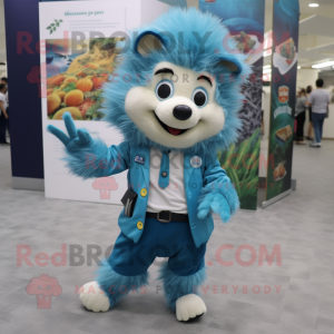 Cyan Hedgehog mascot costume character dressed with a Oxford Shirt and Anklets