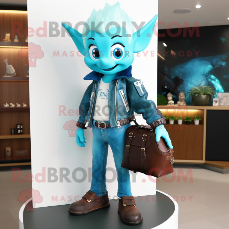Cyan Tooth Fairy mascot costume character dressed with a Leather Jacket and Handbags Cyan Tooth Fairy mascot costume character dressed with a Leather Jacket and Handbags