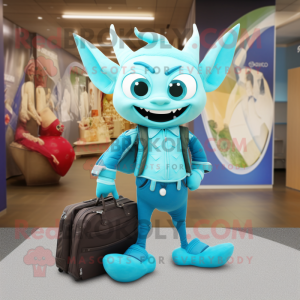 Cyan Tooth Fairy mascot costume character dressed with a Leather Jacket and Handbags