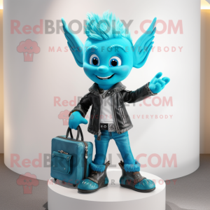 Cyan Tooth Fairy mascot costume character dressed with a Leather Jacket and Handbags