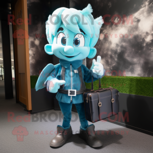 Cyan Tooth Fairy mascot costume character dressed with a Leather Jacket and Handbags